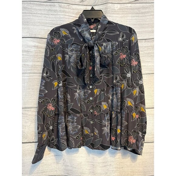 Becken Grey Floral Silk Blouse Size 10 - Picture 1 of 4